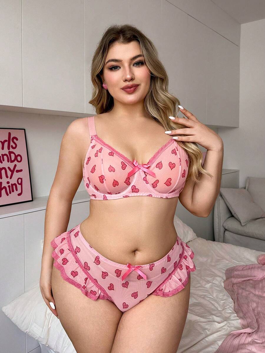 PetitDoll 2pcs Women's Sweet Heart Print Bra Set With Underwire - Pink - View 1