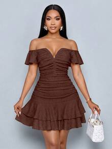 SOLERSUN Women's Fashionable Elegant V-Neck Off Shoulder Ruffle Sleeve Textured Mini Dress – Ruffle Sleeve Ruched Bodycon Double Ruffle Hem Party Dress For Club & Date Night,Women Ruffle Sleeve Ruched Bodycon Double Ruffle Hem Party Club Dress - Chocolate Brown - View 8