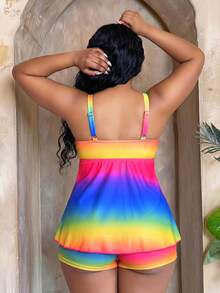 Maweii Summer Beach Plus Size Ombre Lace Up Front Swim Dress - Multicolor - View 2
