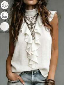EMERY ROSE Blusa casual de algodón orgánico blanco con cuello de volantes y mangas cortas para mujeres - Blanco - Ver 1