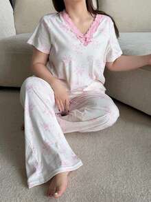 Dazy Plus Conjunto de pijama de mujer talla grande con patchwork de encaje de color contrastante y estampado floral pequeño para primavera/verano - Rosa - Ver 4