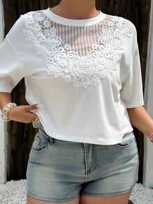Dazy Plus Plus Size Women's Spring/Summer Casual Loose White Short Sleeve T-Shirt With Small Round Neck And Contrast Lace Design - White - View 7