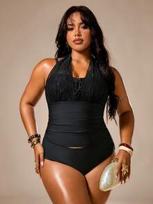 SHEIN Privé Plus Size Women's Summer Beach Party Solid Color Ruched Fashion Halter Neck Tankini Set Bathing Suits Sexy Elegant Black - Black - View 6