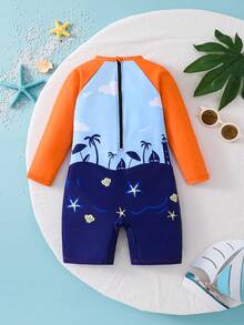 SHEIN Young Boy Letter Cartoon Pattern Long Sleeve Romper Swimsuit, Suitable For Beach Vacation, Pool Party, Beach Party - Black - View 3