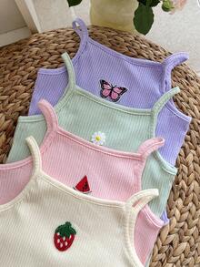 SHEIN 4pcs Young Girl Dopamine Cute Fruit Pattern Ribbed Fabric Tank Top Multi-Pack - Multicolor - View 6