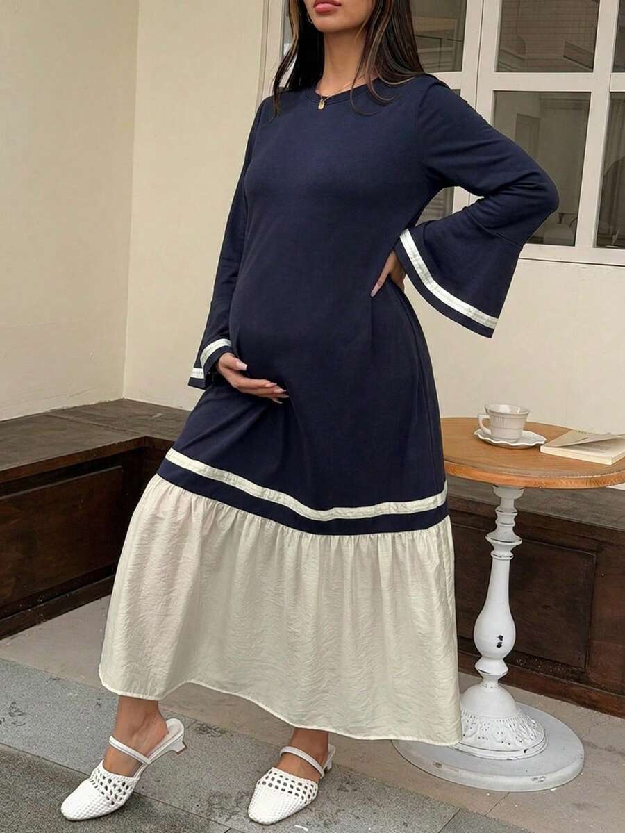 DAZY Color Block Patchwork Small Round Neck Casual Loose Short Sleeve Long Maternity Dress For Girls, Spring/Summer - Navy Blue - View 1