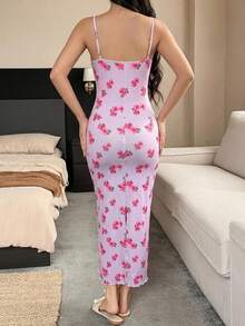 DAZY Charming Floral Print Ruched Fitted Long Dress Women's Nightgown Summer Pajamas - Purple - View 2