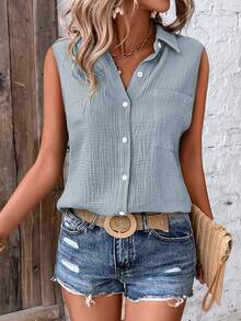 EMERY ROSE Camisa sin mangas de unicolor con un solo botón y bolsillo casual para mujer - Azul - Ver 4