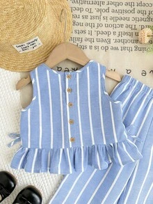 SHEIN LMoss Kids 女嬰編織條紋圓領上衣與寬鬆休閒長褲2件組 - 藍白色 - 查看 5