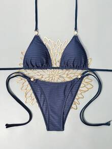 Swim Vcay 2026春夏女款性感比基尼，三角杯掛脖設計，海軍藍紋理面料，大耳珍珠扣飾，高衩繫帶，適合海灘、海邊與泳池 - 藏蓝色 - 查看 3
