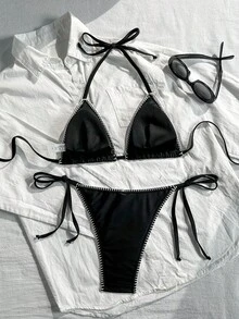 Swim Mod Women's 2-Piece Solid Color Sweet Cute Halter Neck Tie Bikini Set With Side Lace-Up Pants, Casual Beach Vacation Bikini Set - Black - View 3