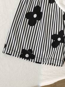 SHEIN 青少年女孩 T-shirt 套裝，運動風粉色與深綠色拼接短袖 T-shirt 與短褲套裝，夏季寬鬆貼身設計，輕量面料，適合日常外出、休閒運動或造型穿搭 - 黑與白 - 查看 7