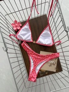 Swim Vcay 春夏季純色三角掛脖露背綁帶上衣與比基尼泳褲女款海灘度假性感兩件式泳衣套裝 - 玫紅色 - 查看 2