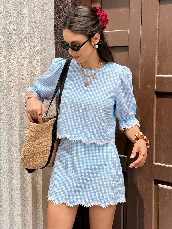 Serisse Women's Round Neck Plaid Top And Mini Skirt Casual Cute Daily 2 Pieces Set Vacation Blue Gingham Summer