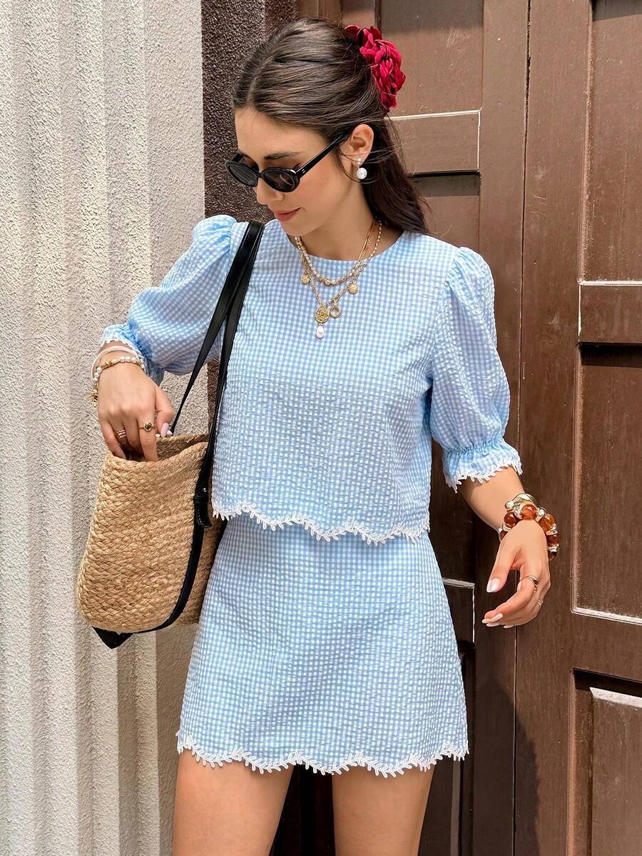 Serisse Conjunto de 2 piezas de top de cuello redondo a cuadros y minifalda casual para uso diario para mujer - Azul - Ver 1