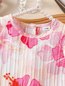 SHEIN Playful Pals 女嬰荷葉邊無袖背心花卉印花洋裝，簡約休閒夏季舒適百搭公主裙，適合外出或疊穿 - 粉色 - 查看 6