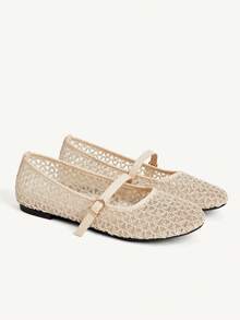 CUCCOO CHICEST Nuevos zapatos planos de mujer con punta cuadrada de malla color albaricoque, cómodos, suaves y sencillos para ir al trabajo - Albaricoque - Ver 2