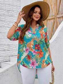 EMERY ROSE Plus Size Summer Floral Print Notch Neck Roll Sleeve Shirt Women Blouses Tropical Tops Beach Shirts For Hawaiian - Mint Green - View 6