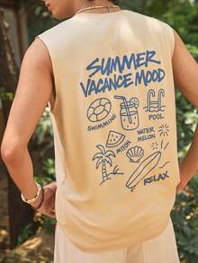 Whitmere 1pc Men's Summer English Text & Palm Tree Print Casual Sleeveless Tank Top - Apricot - View 1