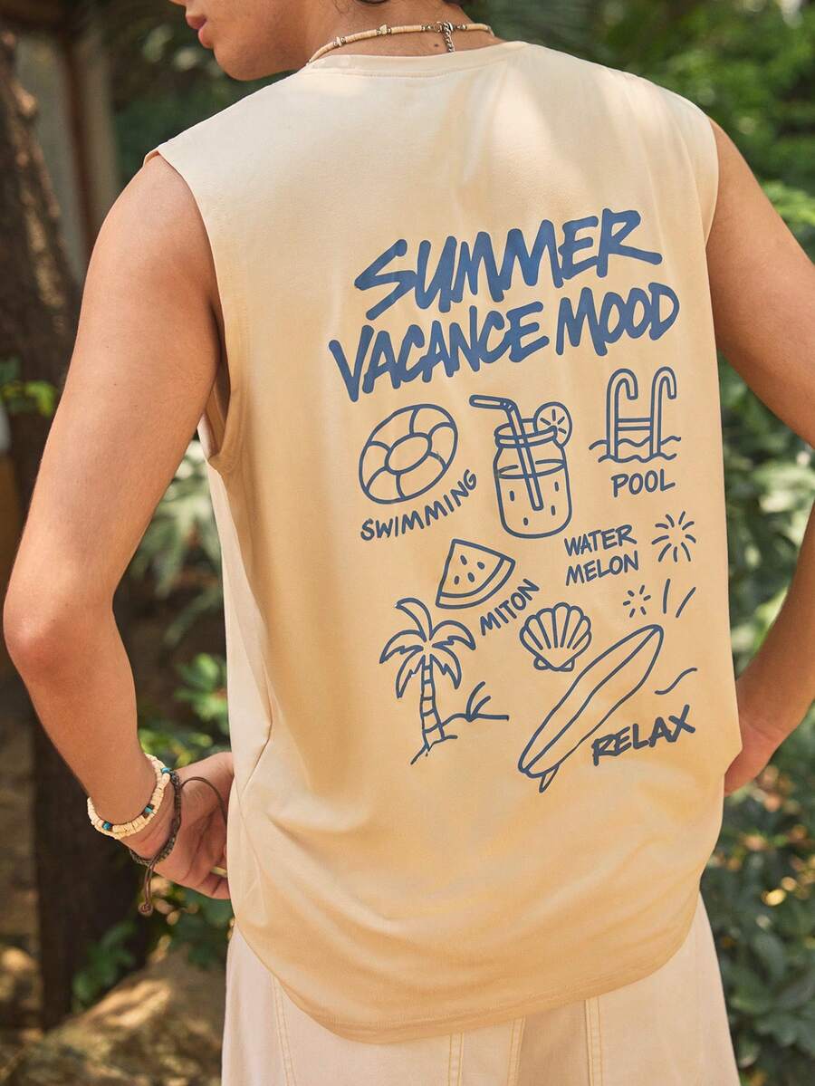 Whitmere 1pc Men's Summer English Text & Palm Tree Print Casual Sleeveless Tank Top - Apricot - View 1