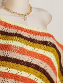 SHEIN ICON Women's Plus Size Burnt Orange Colorblock Asymmetric Shoulder Top And Shorts Casual Elegant Cottage Core Gyaru Daily Knit Set Autumn Beach Dinner - Multicolor - View 6