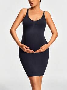 SHAPORA Pregnant Women's Solid Color Elastic Bodycon Shapewear Dress, Summer - Black - View 4