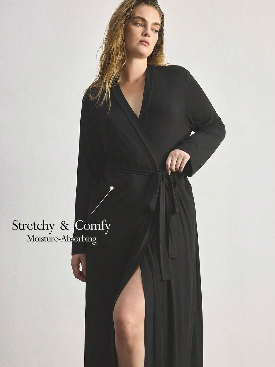 Ocili Leisure Comfortable Smooth Cotton Robe, Extra Long Chic Autumn Slumber Loungewear, Plus Size Sleepwear - Black - View 1
