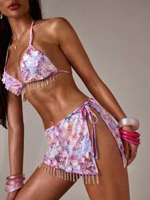 SHEIN BAE 女款一件式珠飾網紗亮片粉色海灘罩衫 - 淺灰紫 - 查看 5