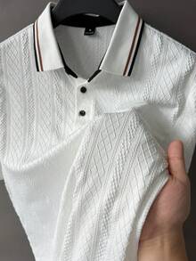 Manfinity CasualCool 男士條紋短袖休閒通勤 Polo 衫，儀式場合適用 - 黑與白 - 查看 6