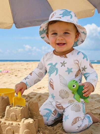 Unisex Baby Boy/Girl, Toddler Cute Shell Pattern Long Sleeve Long Pants One-Piece Swimsuit, Sun Protection Swimsuit, Surfing Suit, Beach Pants, Swim Trunks, Baby Swimsuit, Suitable For Beach Vacation Swimming Beach