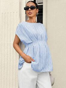 MaterniWear 孕婦條紋拼接百褶休閒百搭日常外出襯衫 - 淺藍色 - 查看 5
