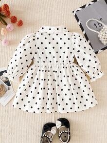 SHEIN Playful Pals 女嬰領口泡泡長袖 2合1 A字洋裝，經典 A字剪裁適合各種體型的嬰兒，獨特領口設計增添正式感，巧思泡泡袖打造甜美俏皮風格，豐富 2合1 設計，適合女嬰日常休閒舒適穿著、戶外玩耍及度假休閒穿搭 - 黑與白 - 查看 3