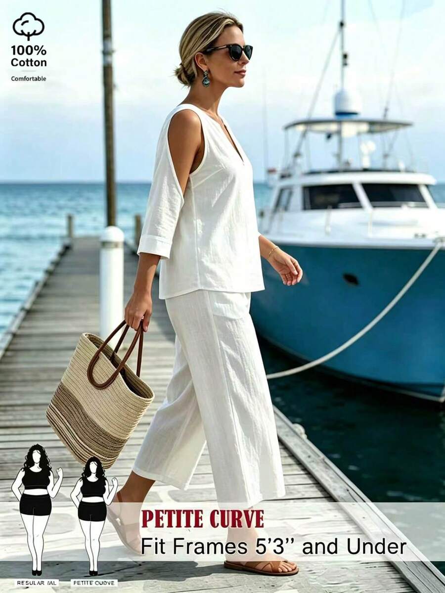 SHEIN PETITE CURVE Plus Size Women's Solid Color Notch V-Neck Top And Long Pants Casual Daily 2-Piece Set Fall - White - View 1