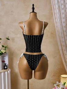 Swim Mod Conjunto de Bikini Dividido de 2 Piezas para Mujer, Estampado de Lunares Multicolor Tropical Lindo, Tirantes Delgados con Pantalones Ajustables con Lazo Lateral, Traje de Baño Casual Elegante para Vacaciones en la Playa y Día de San Valentín, Muy Vendido - Multicolor - Ver 3