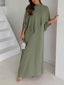 Veilorie Vestido árabe elegante de unicolor con cuello alto y diseño asimétrico para mujer - Verde - Ver 3