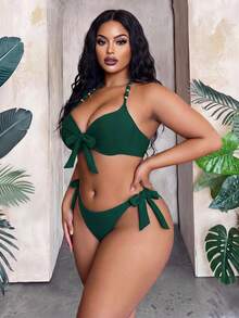 Maweii Plus Size Sexy Metal Underwire Bikini Set, Adjustable Halter Neck For Summer Beach Vacation - Dark Green - View 3