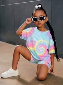 Young Girl Casual Simple Short Sleeve Shorts Tie-Dye 2-Piece Set Suitable For Summer - Multicolor - View 1