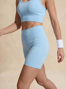 Exploreva Solid Color Cropped Tank Top And Shorts Outdoor Set Ski Sky Blue Summer Modest - Black - View 7
