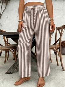 SHEIN VCAY Plus Size Women's Striped Drawstring Waist Casual Versatile Daily Outing Long Pants Fall - Multicolor - View 1