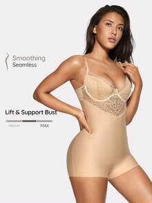 SHAPORA Contrast Lace Shapewear Bodysuit - Camel - View 1