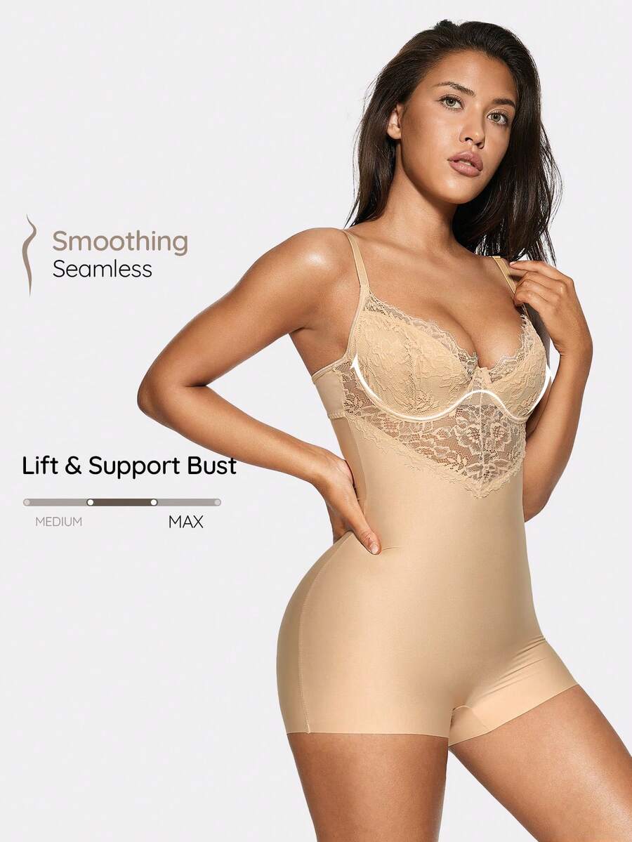 SHAPORA Contrast Lace Shapewear Bodysuit - Camel - View 1
