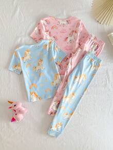 女童睡衣套裝 短袖上衣與長褲 粉藍獨角獸彩虹款 睡衣家居服套裝 生日嬰兒洗禮 夏日公主貼身款 - 彩色 - 查看 2