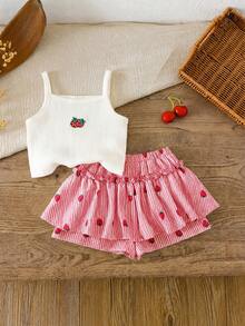 Emery Rose Kids Emery Rose Kids 少女草莓刺繡細肩帶上衣與條紋裙褲套裝 - 紅色 - 查看 3