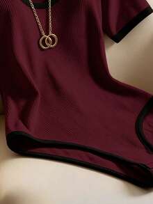 Franclia Women's Solid Color Ribbed Knit V-Neck Short Sleeve Bodysuit - Burgundy - View 3