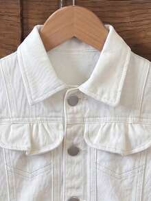 SHEIN Young Girl Long Sleeve Single-Breasted Patchwork Ruffle Casual Denim Jacket - White - View 3