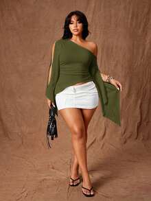 Rustia Top de talla grande para chica sexy con un hombro, recorte y dobladillo asimétrico - Verde militar - Ver 7