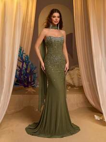 Glamrae Elegant Luxurious Sophisticated Strapless Sheer Mesh Bodice With Boning Exquisite Heavy Beaded Embellishment Asymmetric Mesh Ruffle Hem Bodycon Mermaid Tail With Train (Detachable Strapless Included) Suitable For Date Vacation Single Birthday Party Graduation Back To School Season Wedding Event Women's Afternoon Tea Women's Evening Gown - Army Green - View 5