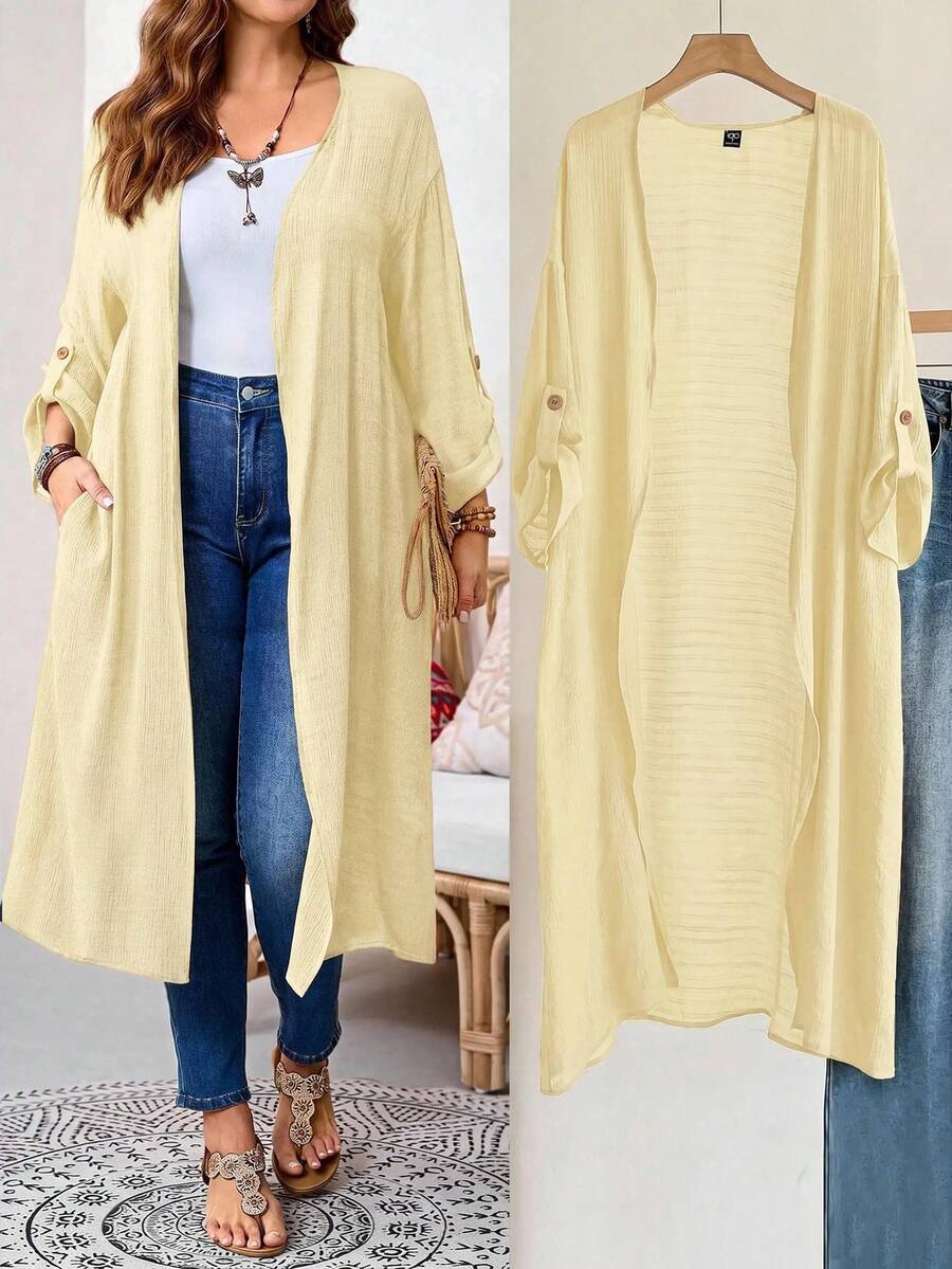 EMERY ROSE Chaqueta casual de vacaciones de talla grande de unicolor - Amarillo claro - Ver 1