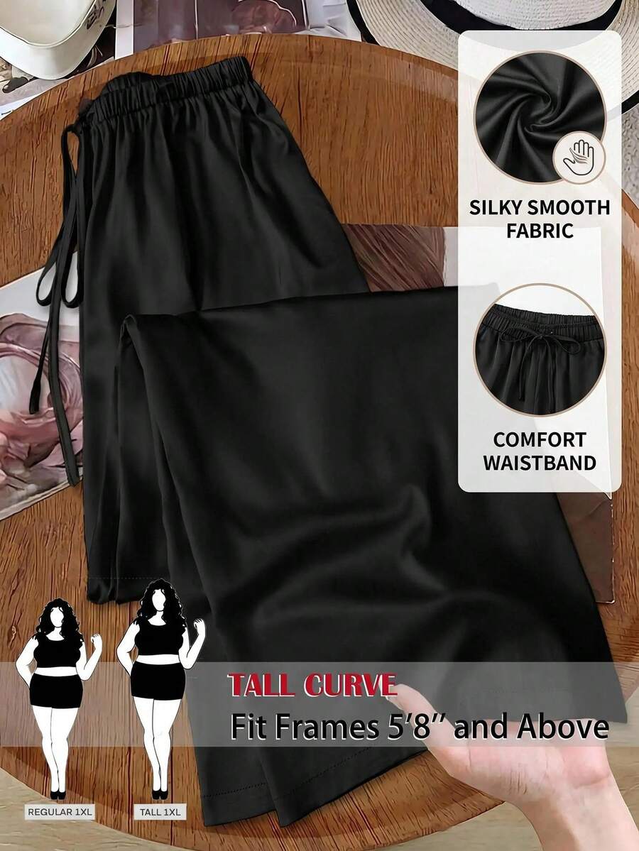 SHEIN Tall CURVE 加大码女式弹力腰阔腿宽松裤,黑色 - 黑色 - 查看 1