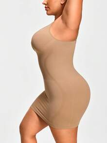 SHAPORA Đầm bodycon liền thân màu trơn cỡ lớn - Màu be - Xem 6